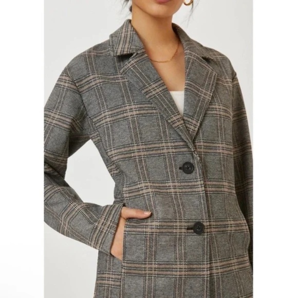 Avec Les Filles Plaid Relaxed Fit Longline Blazer Jacket Gray Tan Size Medium - Picture 2 of 11